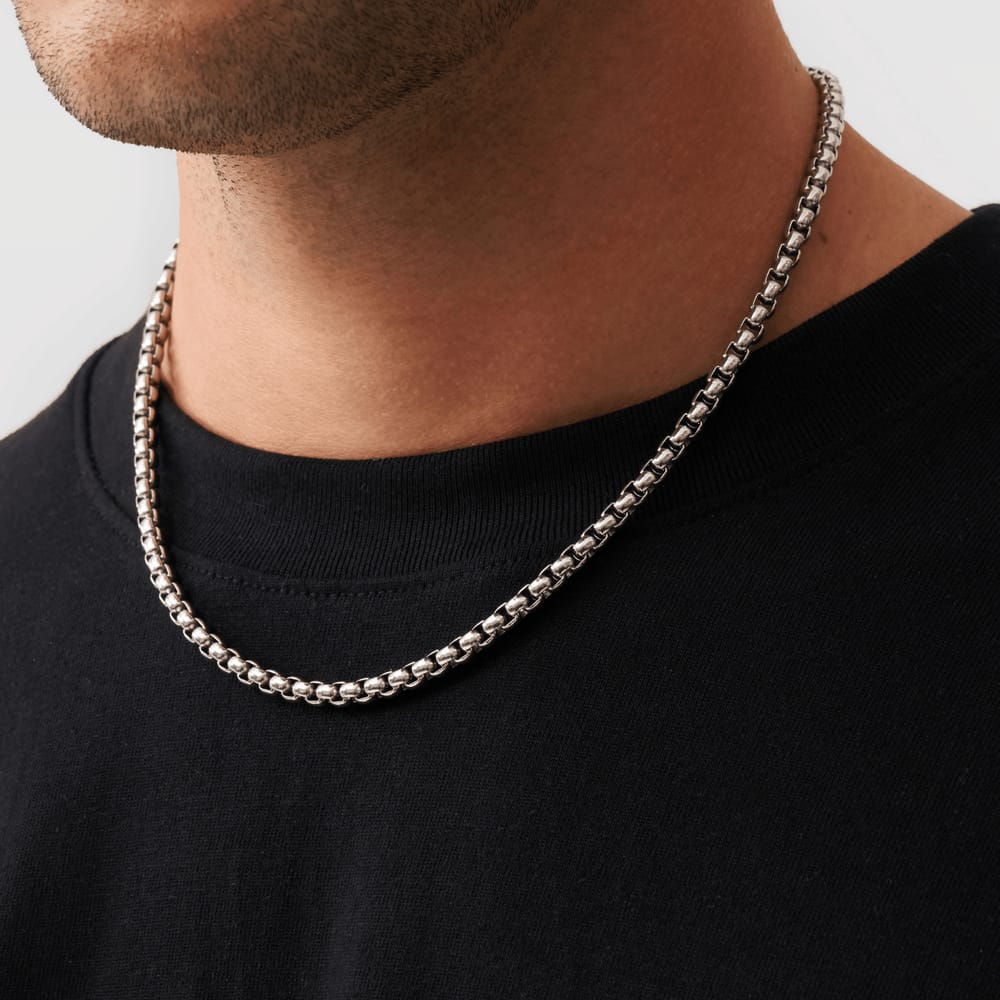 6mm Silver Round-Cut Box Neck Chain For Men